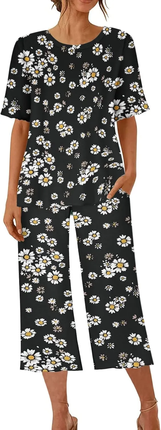 Pajamas for Women 2023 Set Short Sleeve Capri Pajamas Ladies Soft Comfy Pjs Summer Lounge Sleepwear Set With Pockets