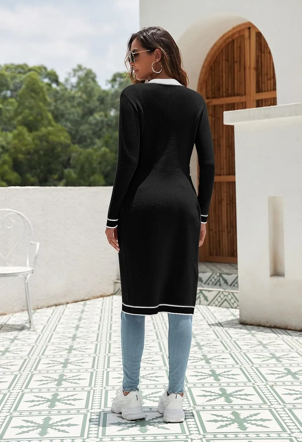 Pink Queen Long Cardigan for Women Long Sleeve Open Front Button V Neck Ribbed Knit Cardigans Sweaters Dress with Belt