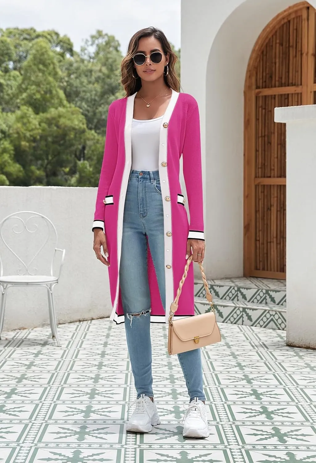 Pink Queen Long Cardigan for Women Long Sleeve Open Front Button V Neck Ribbed Knit Cardigans Sweaters Dress with Belt
