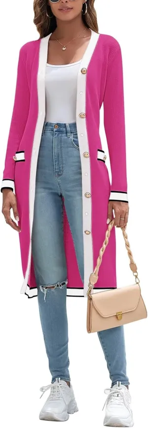 Pink Queen Long Cardigan for Women Long Sleeve Open Front Button V Neck Ribbed Knit Cardigans Sweaters Dress with Belt