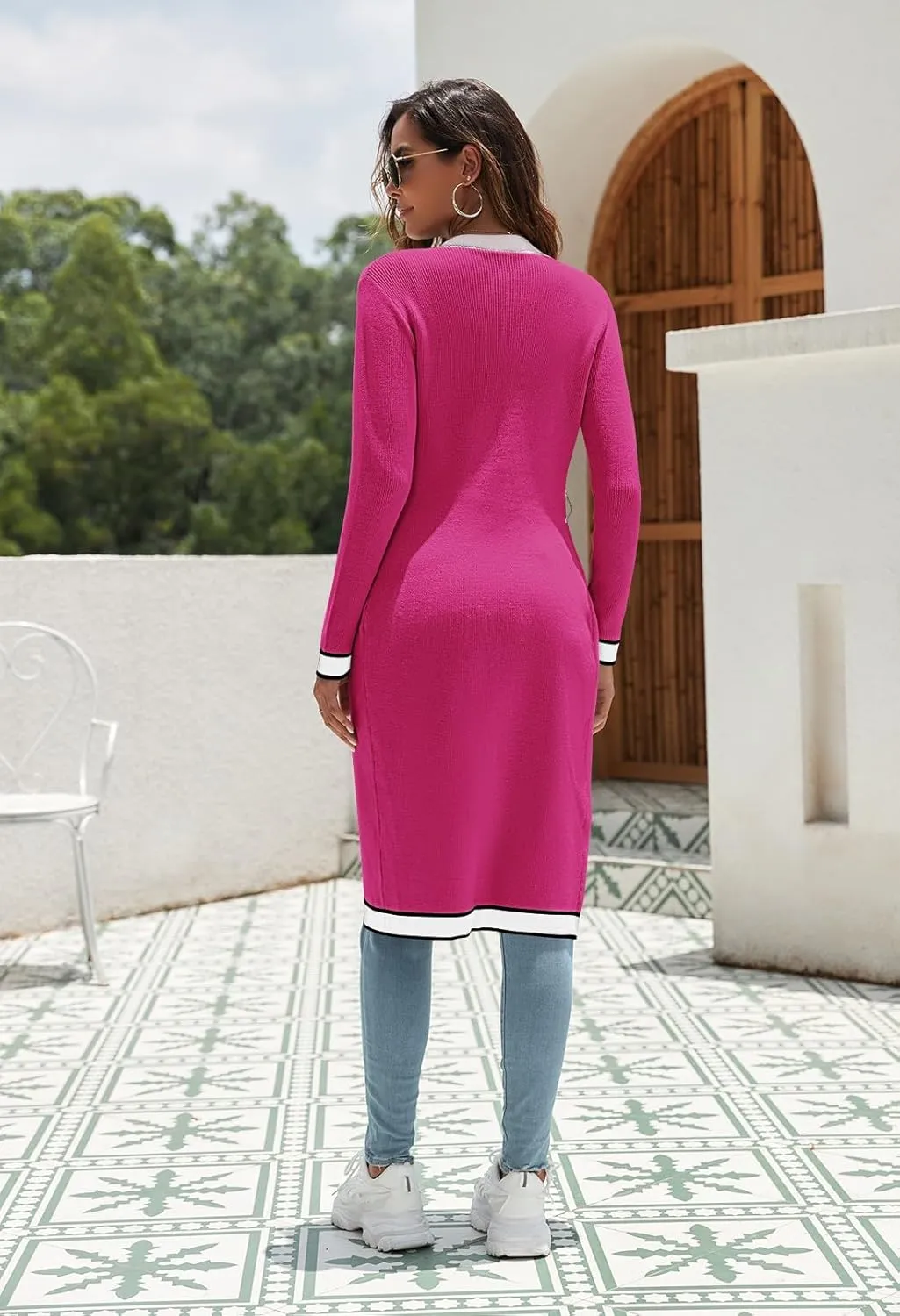 Pink Queen Long Cardigan for Women Long Sleeve Open Front Button V Neck Ribbed Knit Cardigans Sweaters Dress with Belt