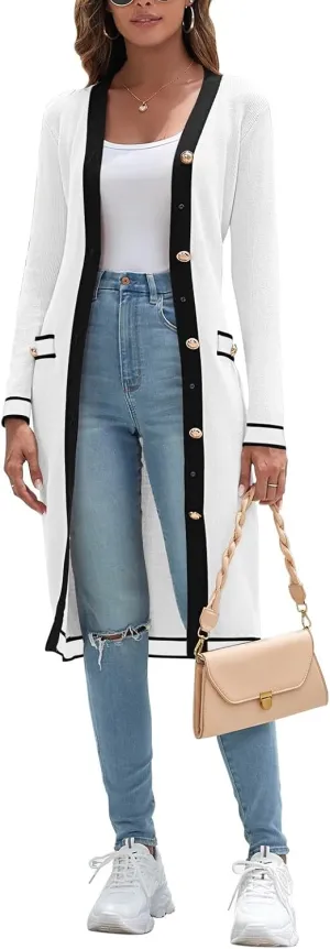 Pink Queen Long Cardigan for Women Long Sleeve Open Front Button V Neck Ribbed Knit Cardigans Sweaters Dress with Belt