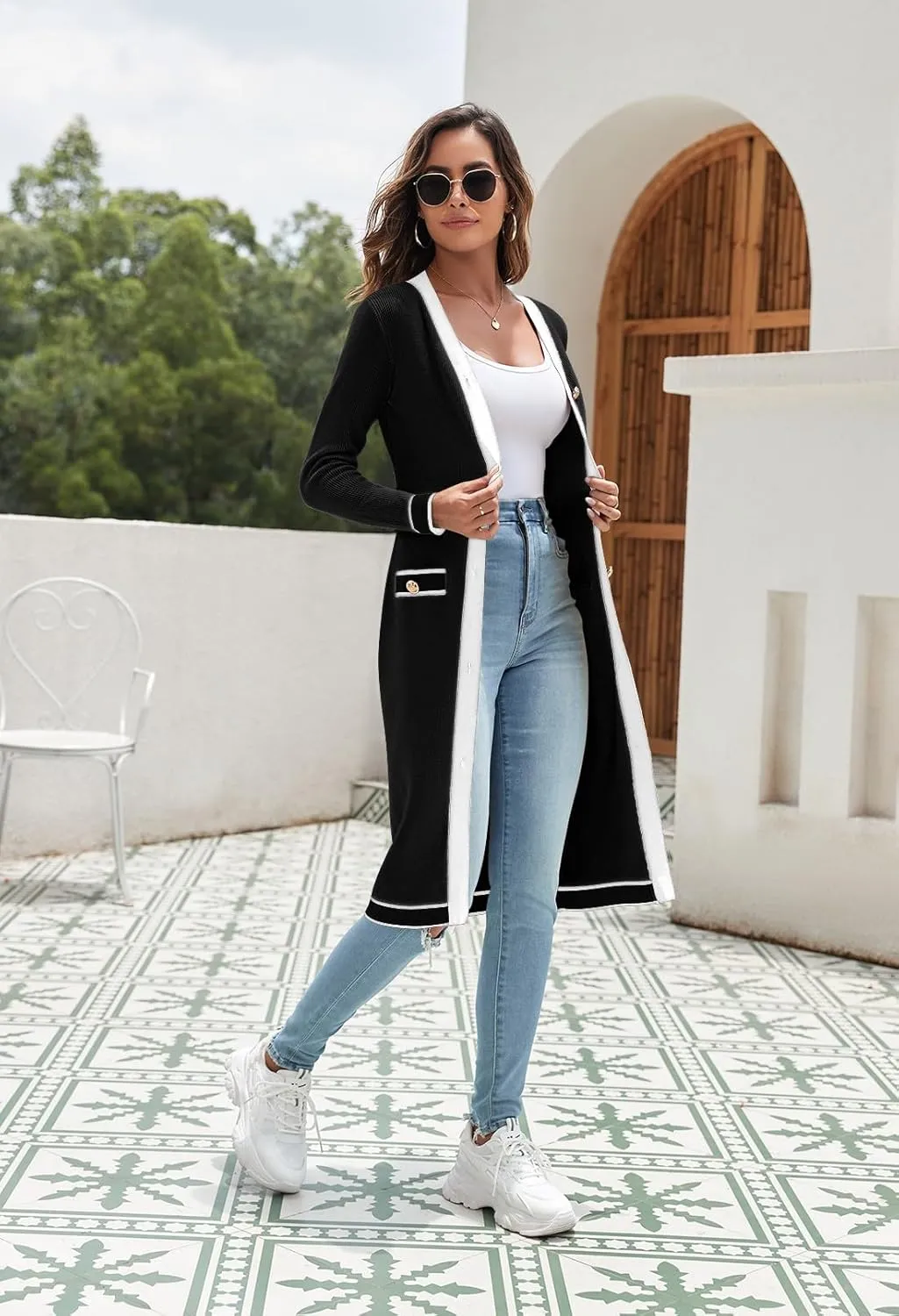 Pink Queen Long Cardigan for Women Long Sleeve Open Front Button V Neck Ribbed Knit Cardigans Sweaters Dress with Belt