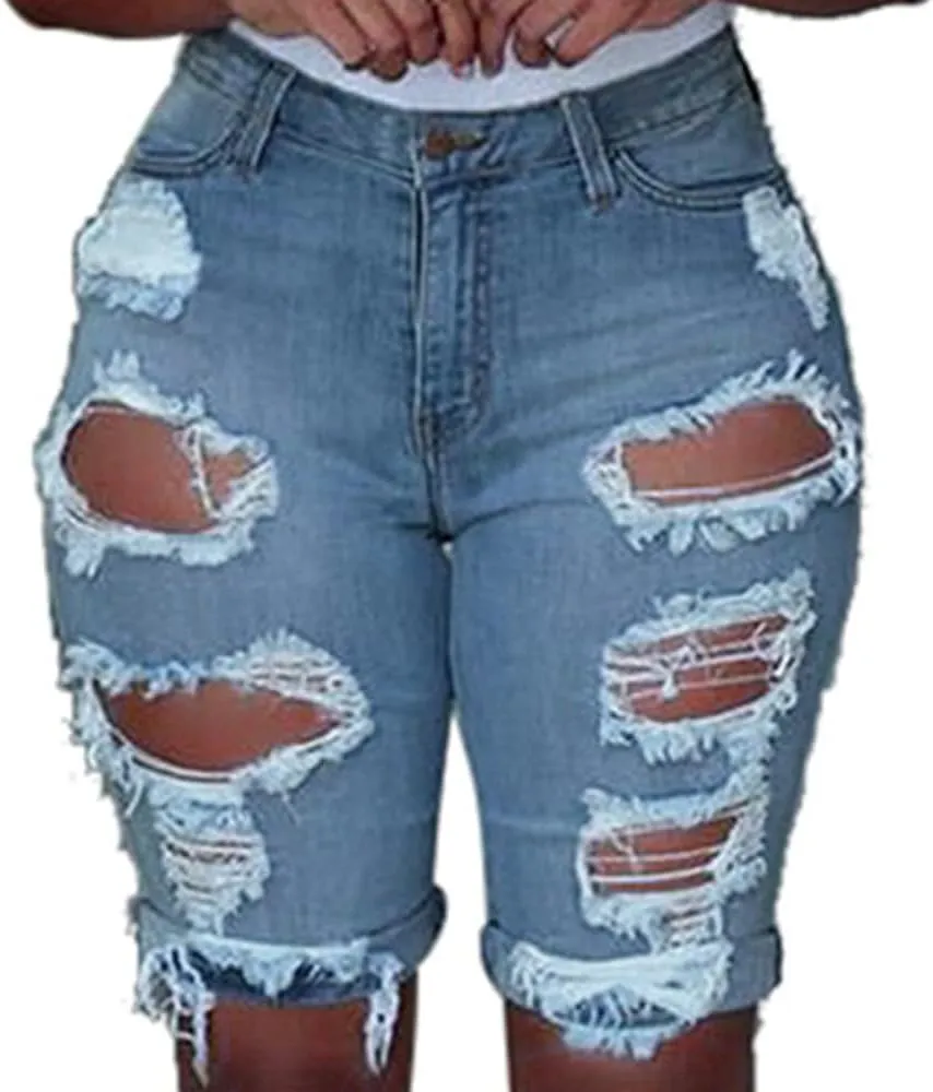Plus Size Jean Shorts for Women Ripped Distressed Frayed Denim Shorts Ladies High Waisted Slim Fit Fold Hem Jean Shorts
