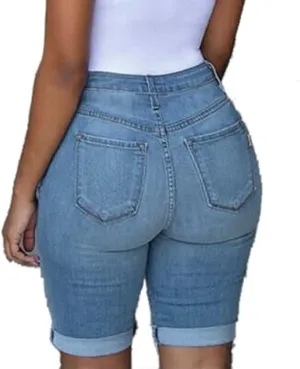 Plus Size Jean Shorts for Women Ripped Distressed Frayed Denim Shorts Ladies High Waisted Slim Fit Fold Hem Jean Shorts