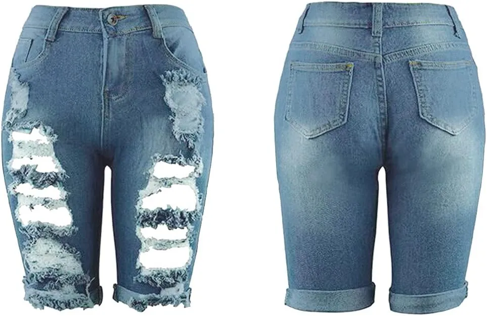Plus Size Jean Shorts for Women Ripped Distressed Frayed Denim Shorts Ladies High Waisted Slim Fit Fold Hem Jean Shorts
