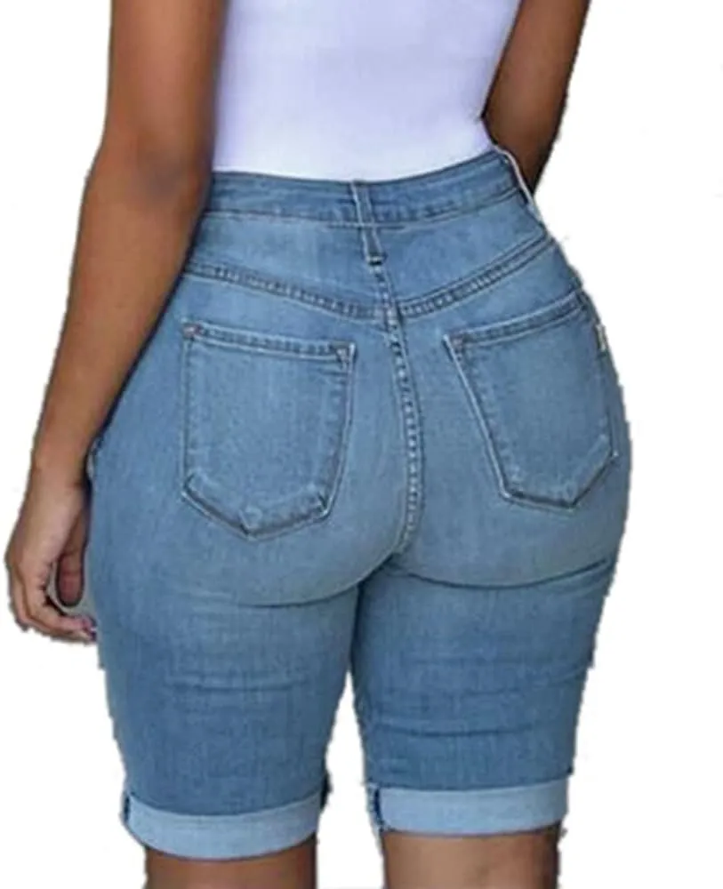 Plus Size Jean Shorts for Women Ripped Distressed Frayed Denim Shorts Ladies High Waisted Slim Fit Fold Hem Jean Shorts