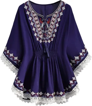 Plus Size Linen Blouse Women Vintage Lace Patchwork Bow V-Neck Embroidery Summer 3/4 Sleeve Retro Tops T-Shirt