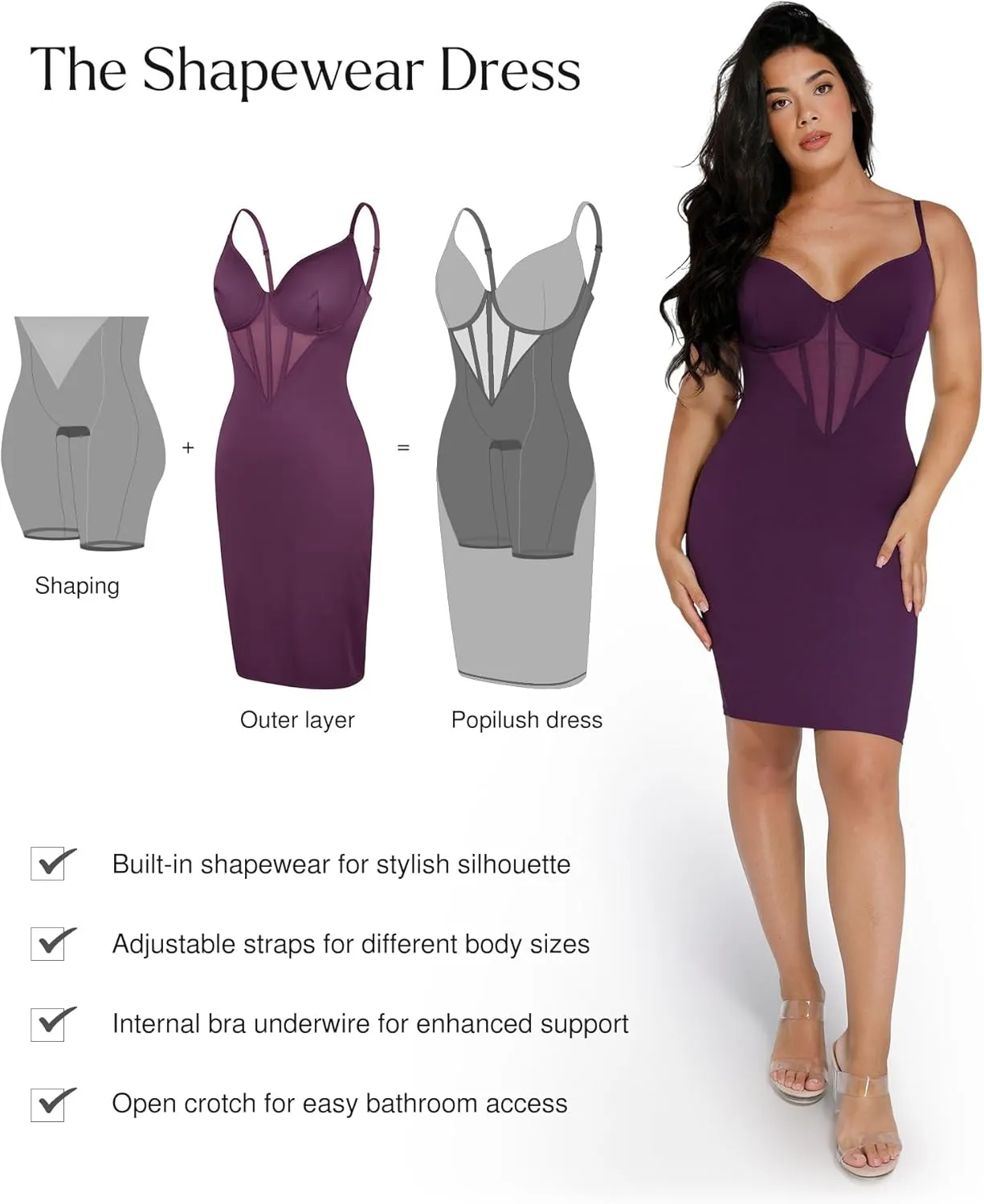 Popilush Shapewear Dress Corset Dress Mesh Bodycon Dresses for Women Slip Dress Party Midi Dresses Club Outfits
