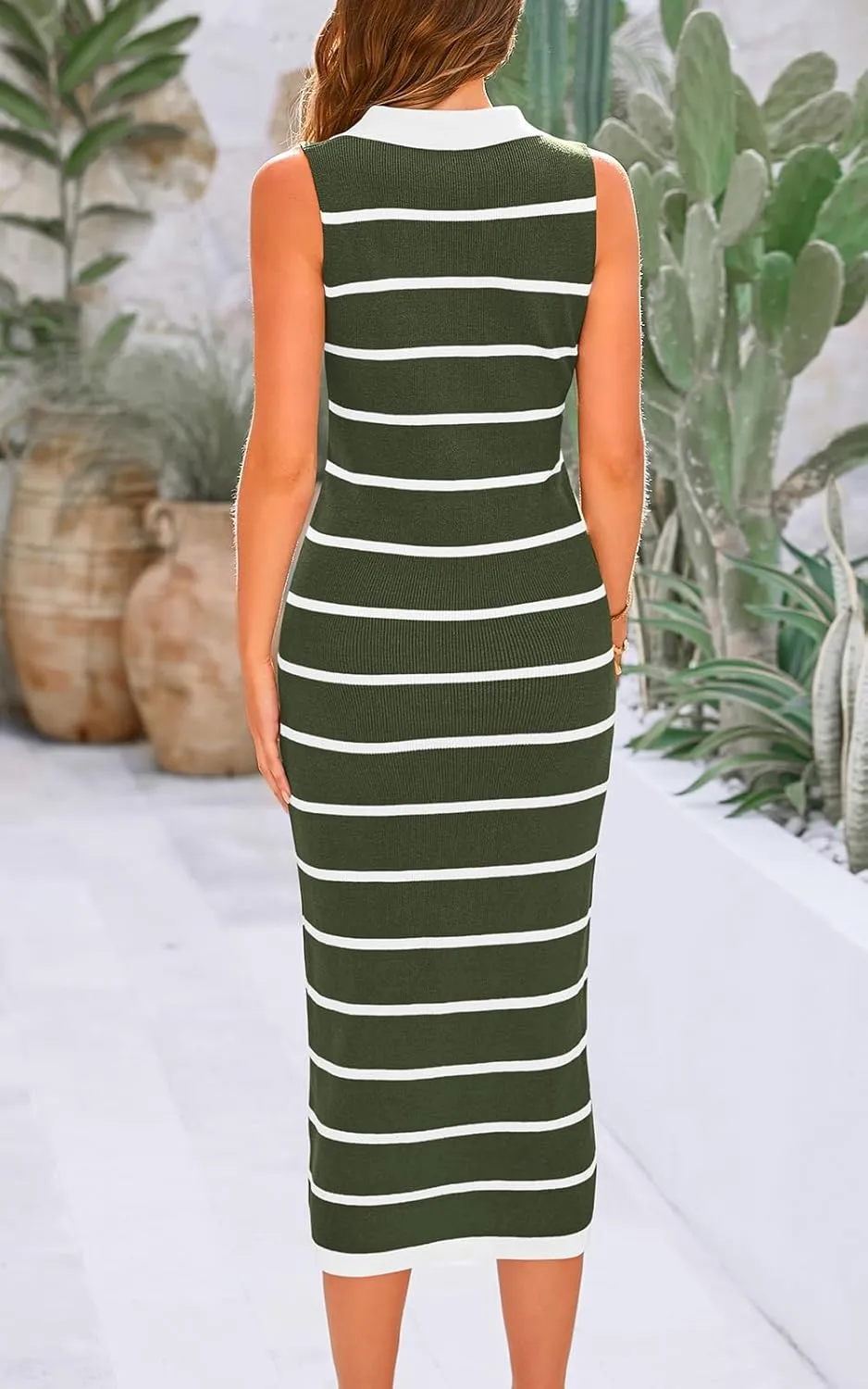 PRETTYGARDEN Womens Dresses Casual Sleeveless Bodycon Midi Dress Lapel V Neck Striped Long Summer Dresses for Women 2025