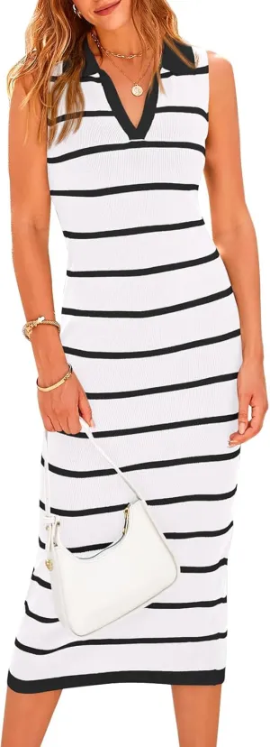 PRETTYGARDEN Womens Dresses Casual Sleeveless Bodycon Midi Dress Lapel V Neck Striped Long Summer Dresses for Women 2025