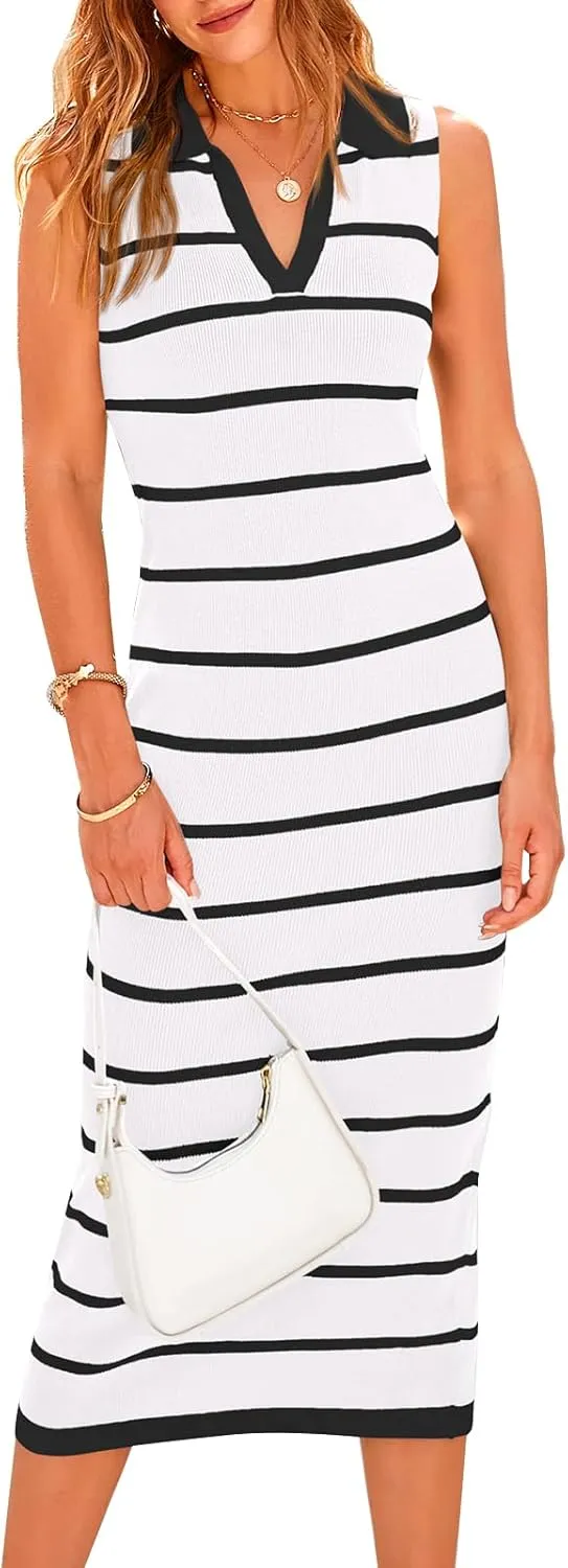 PRETTYGARDEN Womens Dresses Casual Sleeveless Bodycon Midi Dress Lapel V Neck Striped Long Summer Dresses for Women 2025