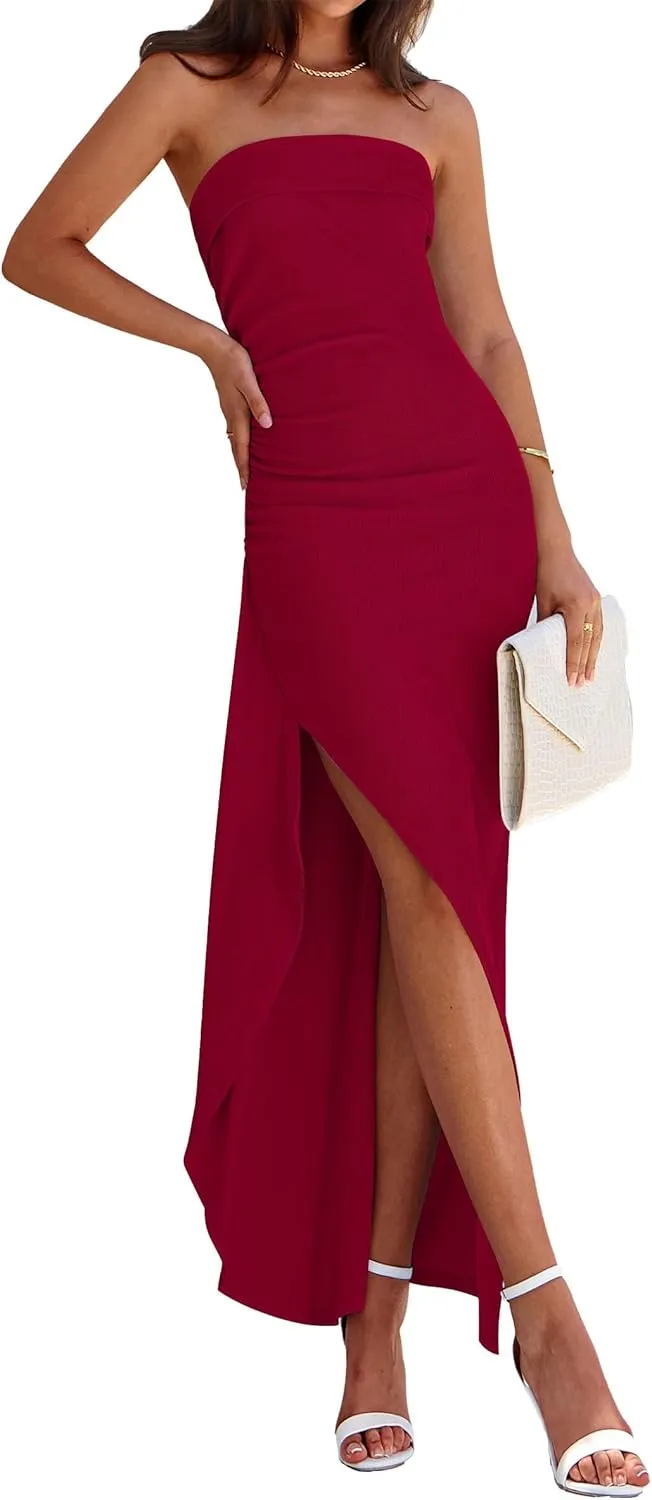 PRETTYGARDEN Women's Off Shoulder Bodycon Dresses 2025 Summer Ruched Asymmetrical High Split Elegant Cocktail Party Dress