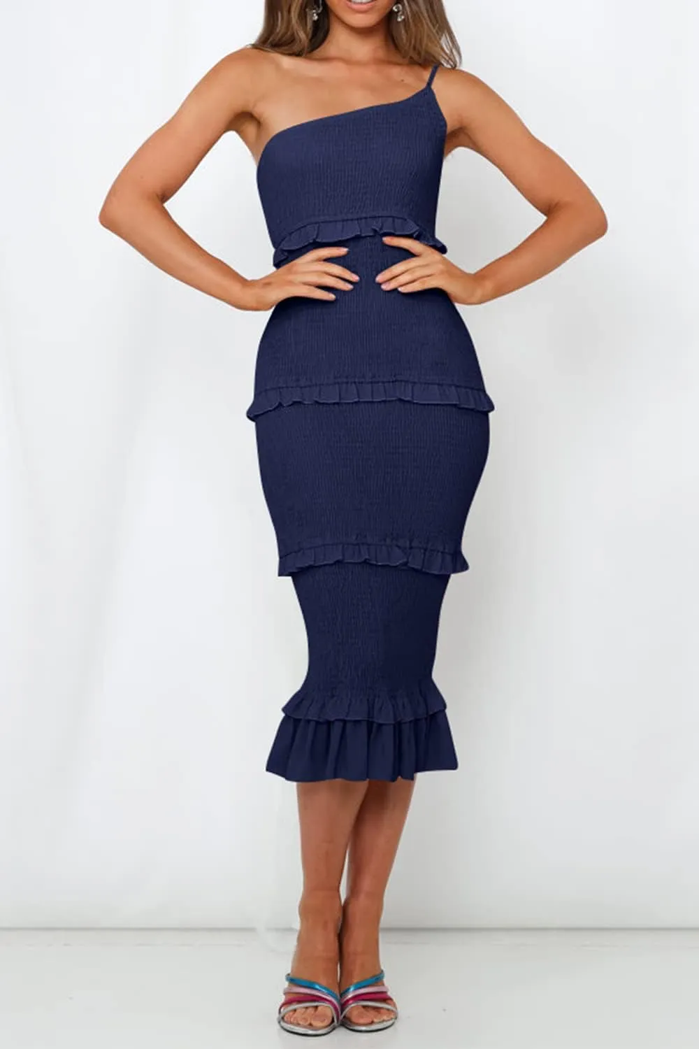 PRETTYGARDEN Women's Summer Midi Bodycon Dresses One Shoulder Strappy Tiered Ruffle Floral Boho Sun Dress