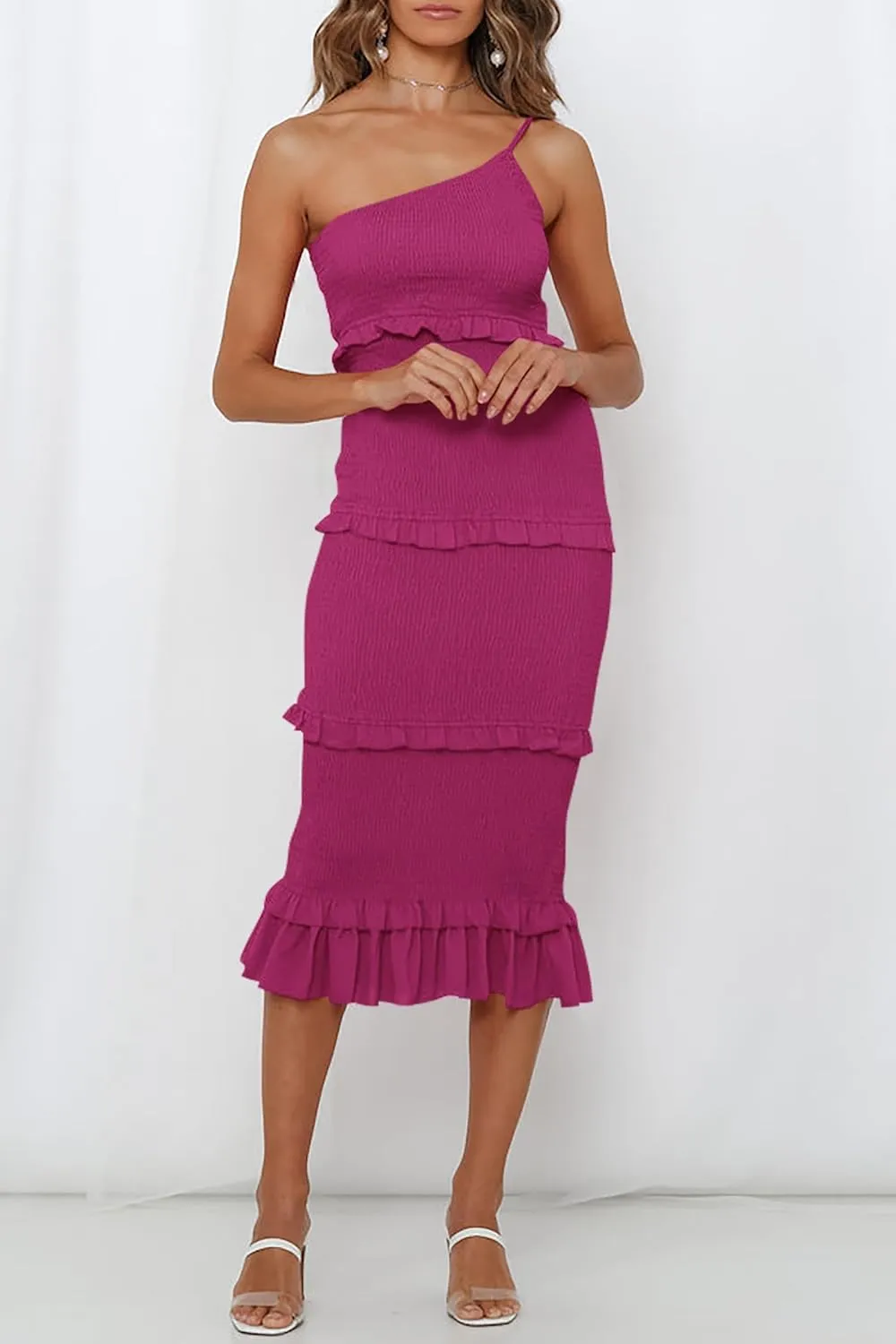 PRETTYGARDEN Women's Summer Midi Bodycon Dresses One Shoulder Strappy Tiered Ruffle Floral Boho Sun Dress
