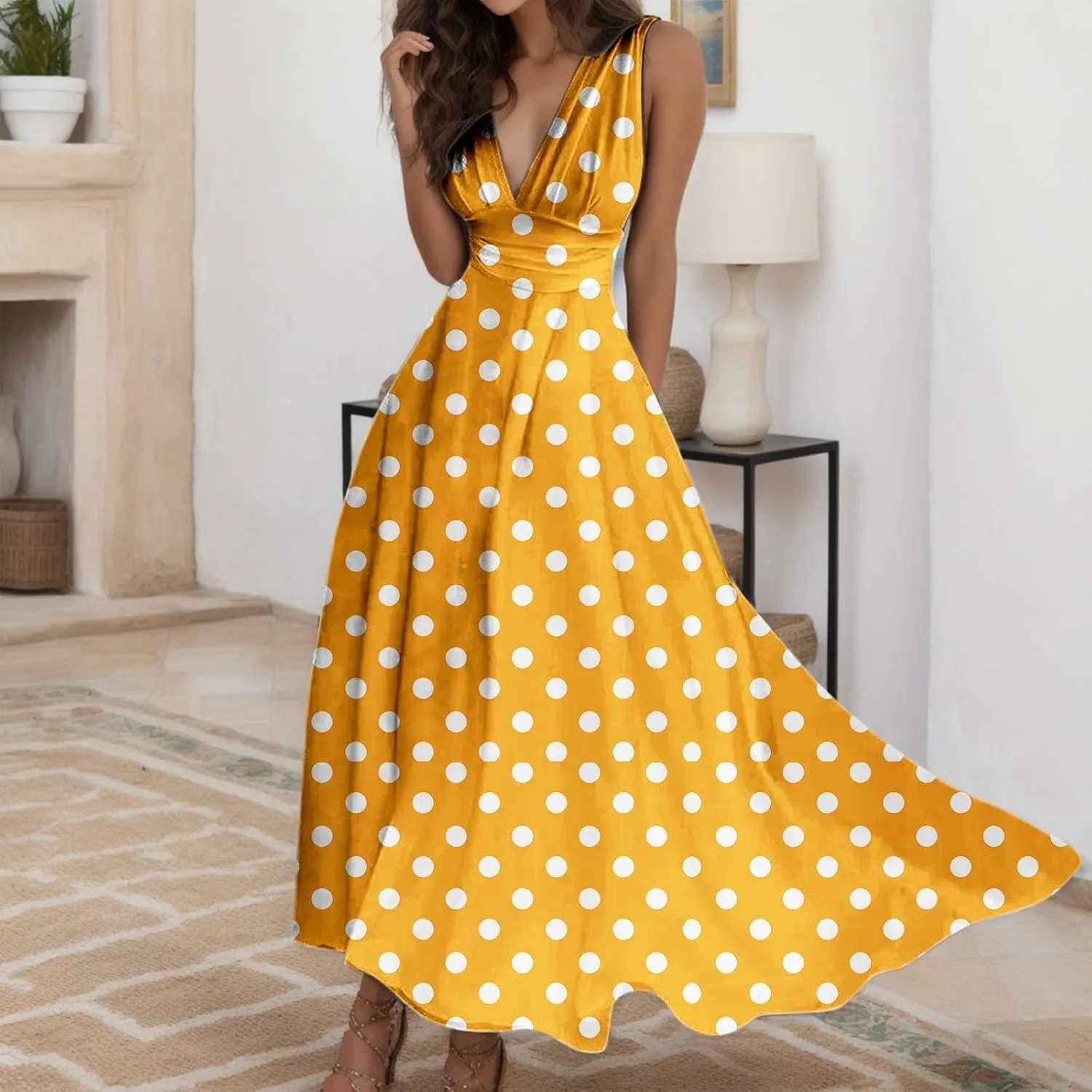 PTOLOCIF Sundresses for Women 2025 Sleeveless Spaghetti Strap Long Dresses Scoop Neck Smocked Ruffle Flowy Boho Maxi Dress