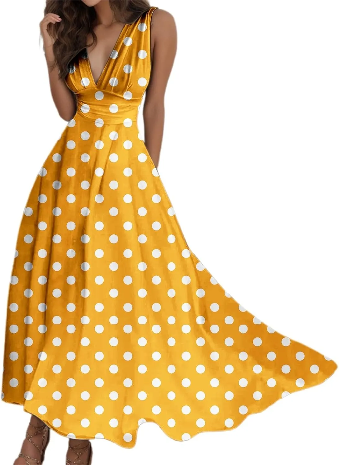 PTOLOCIF Sundresses for Women 2025 Sleeveless Spaghetti Strap Long Dresses Scoop Neck Smocked Ruffle Flowy Boho Maxi Dress