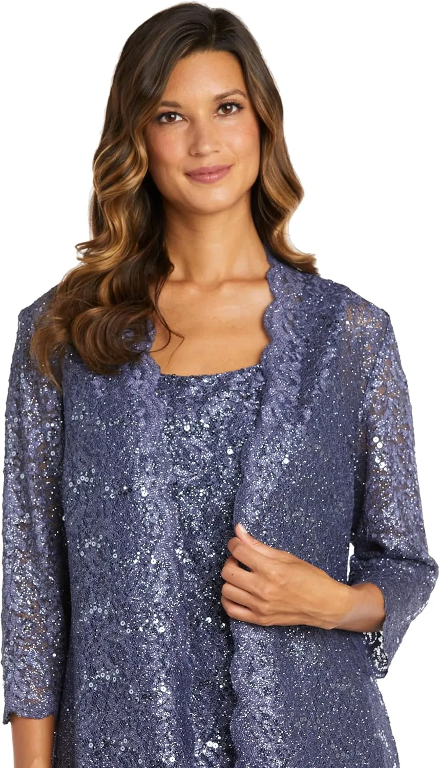 R&M Richards Women's Scallop Lace Duster Pant Set