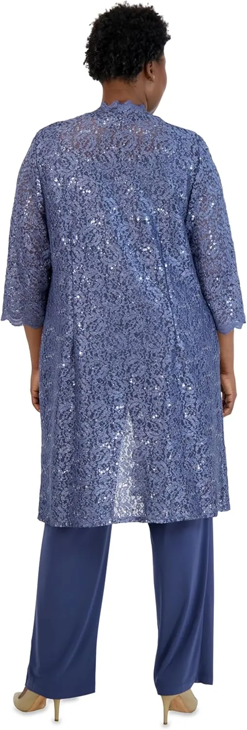 R&M Richards Women's Scallop Lace Duster Pant Set