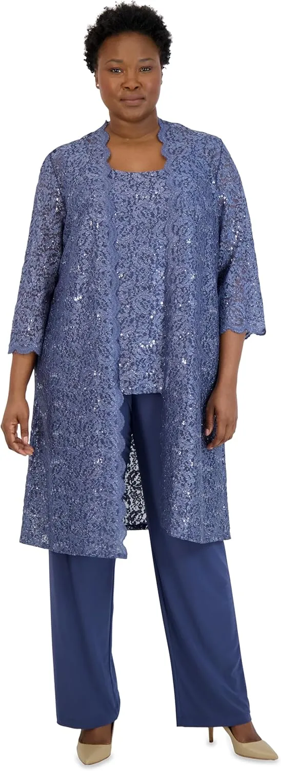 R&M Richards Women's Scallop Lace Duster Pant Set