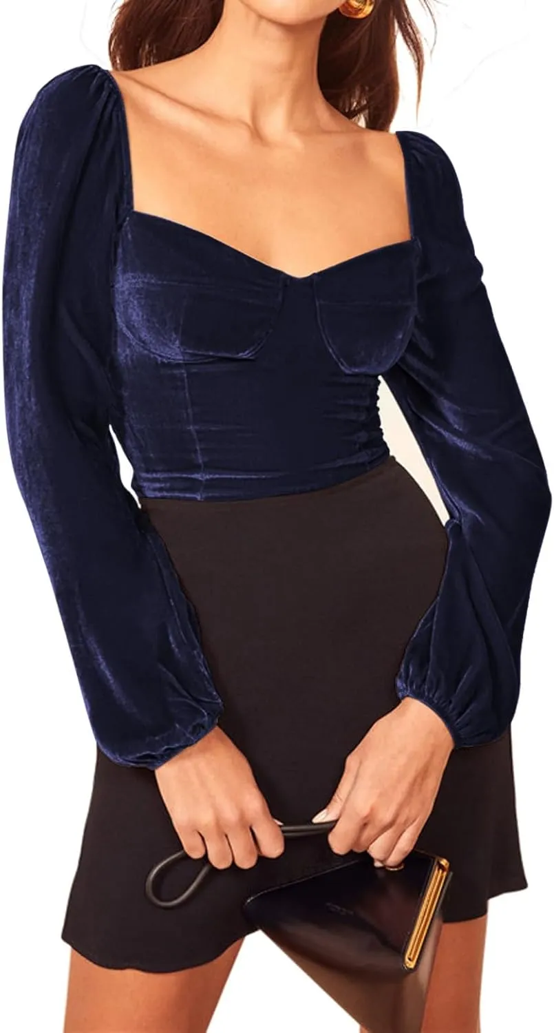 R.Vivimos Women's Fall Velvet Long Sleeves Square Neckline Casual Vintage Crop Tops Blouse