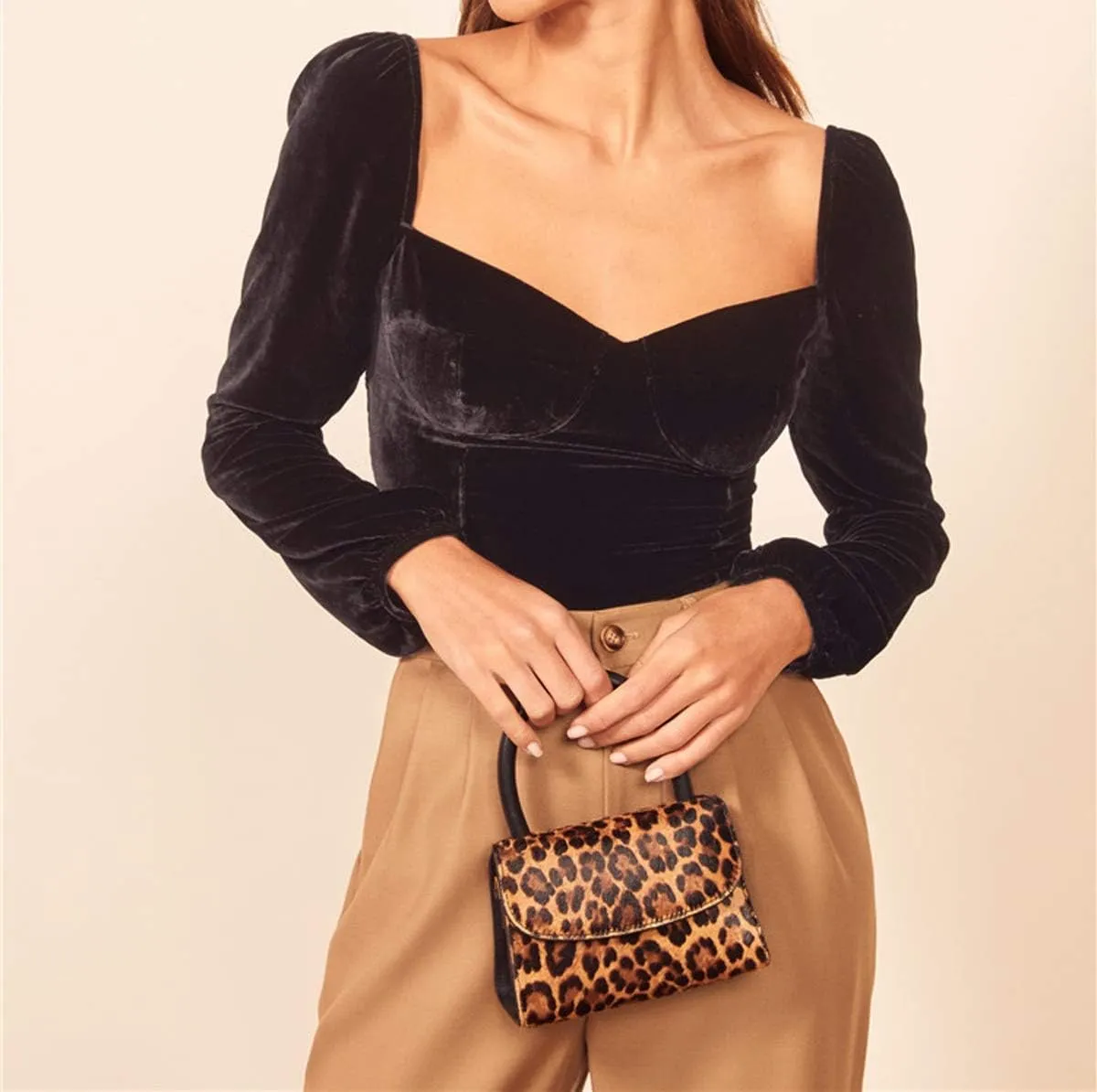 R.Vivimos Women's Fall Velvet Long Sleeves Square Neckline Casual Vintage Crop Tops Blouse