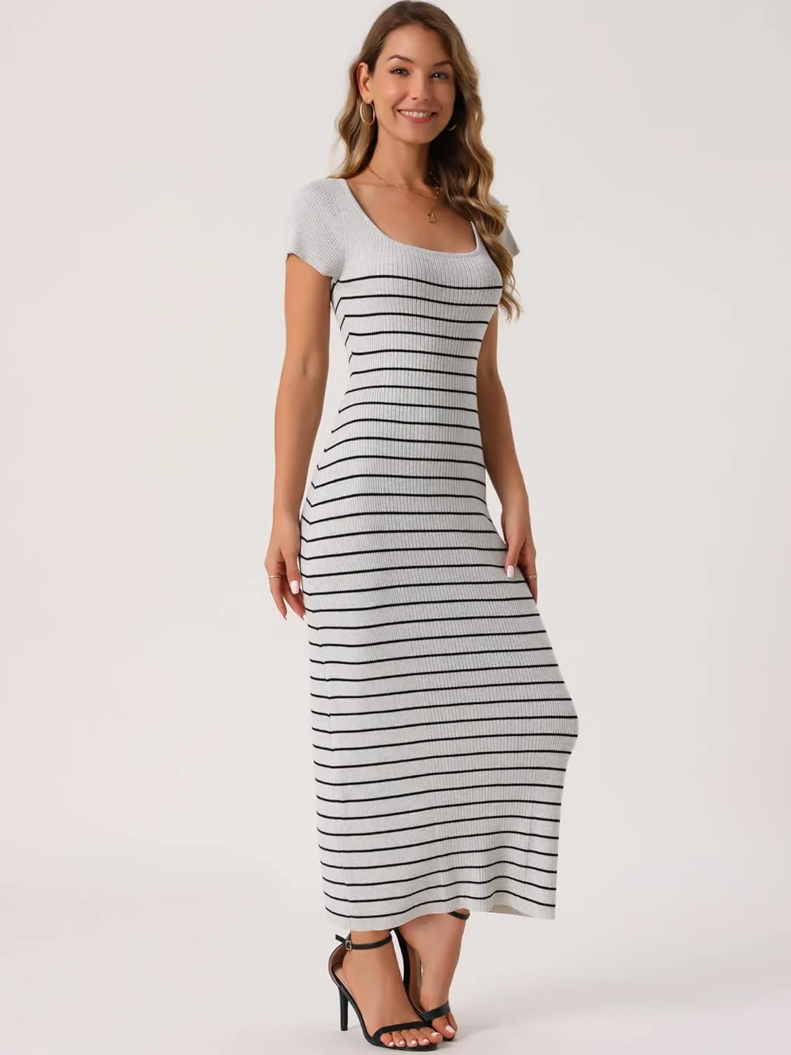 Seta T Women's Bodycon Dresses Short Sleeve Ribbed Knit Striped Square Neck Slim Fit Sweater Long Dress