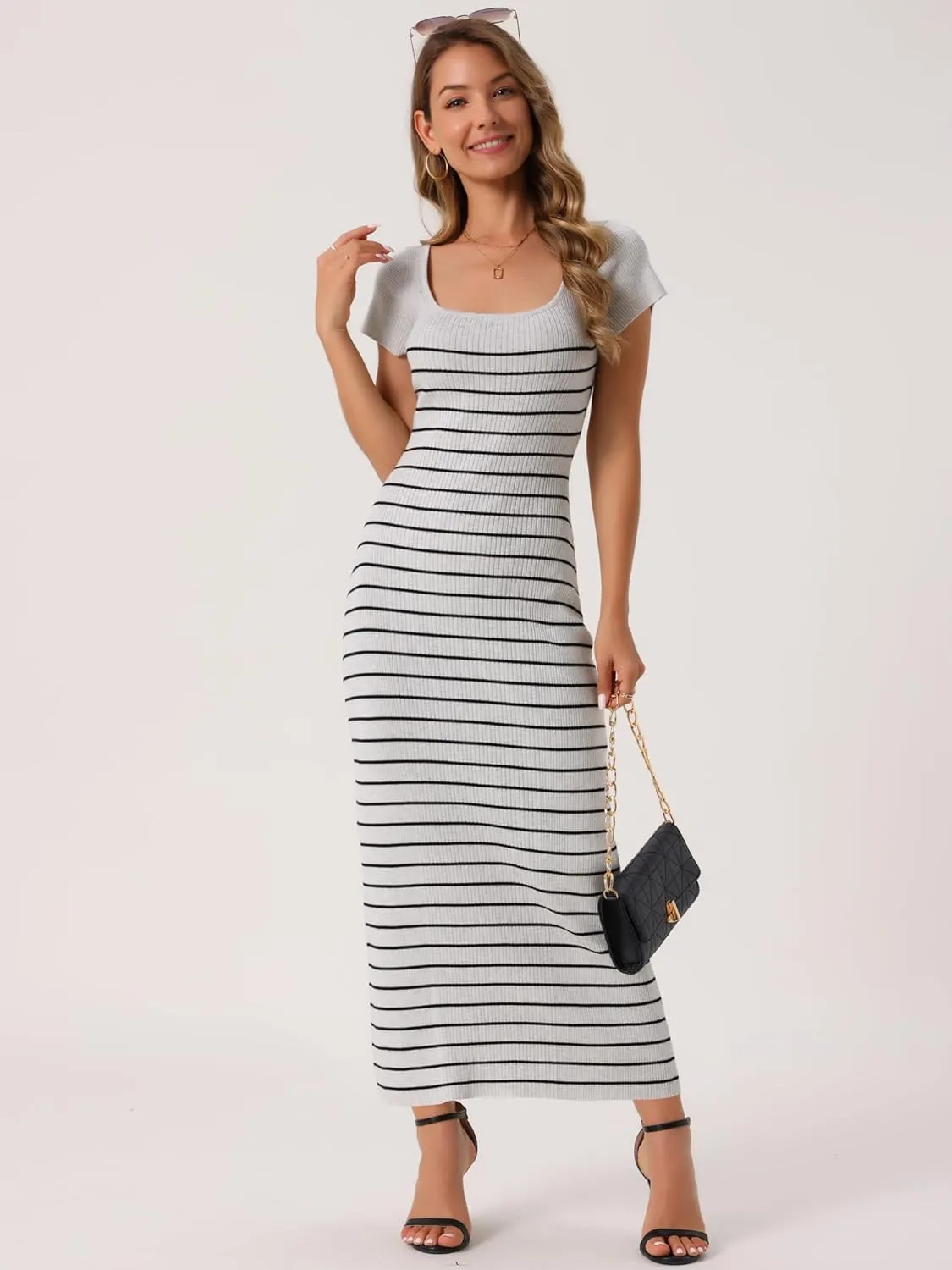 Seta T Women's Bodycon Dresses Short Sleeve Ribbed Knit Striped Square Neck Slim Fit Sweater Long Dress
