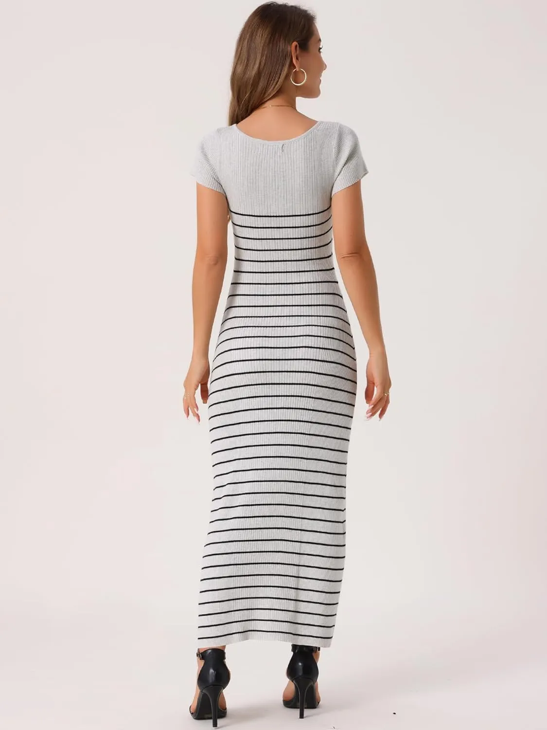 Seta T Women's Bodycon Dresses Short Sleeve Ribbed Knit Striped Square Neck Slim Fit Sweater Long Dress