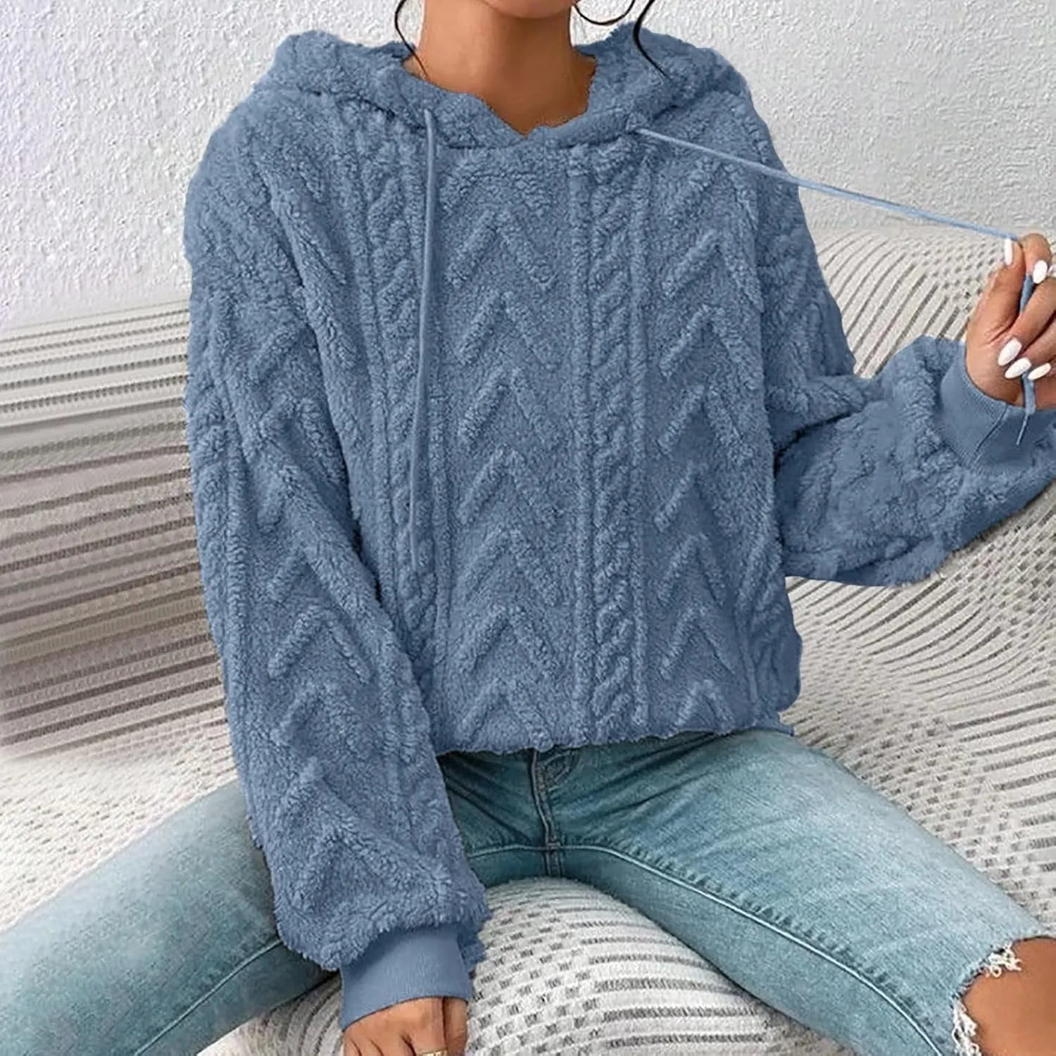 SHAOBGE Hoodies For Women Casual Pullover Waffle Long Sleeve Drawstring Hooded Sweatshirt with Pocket