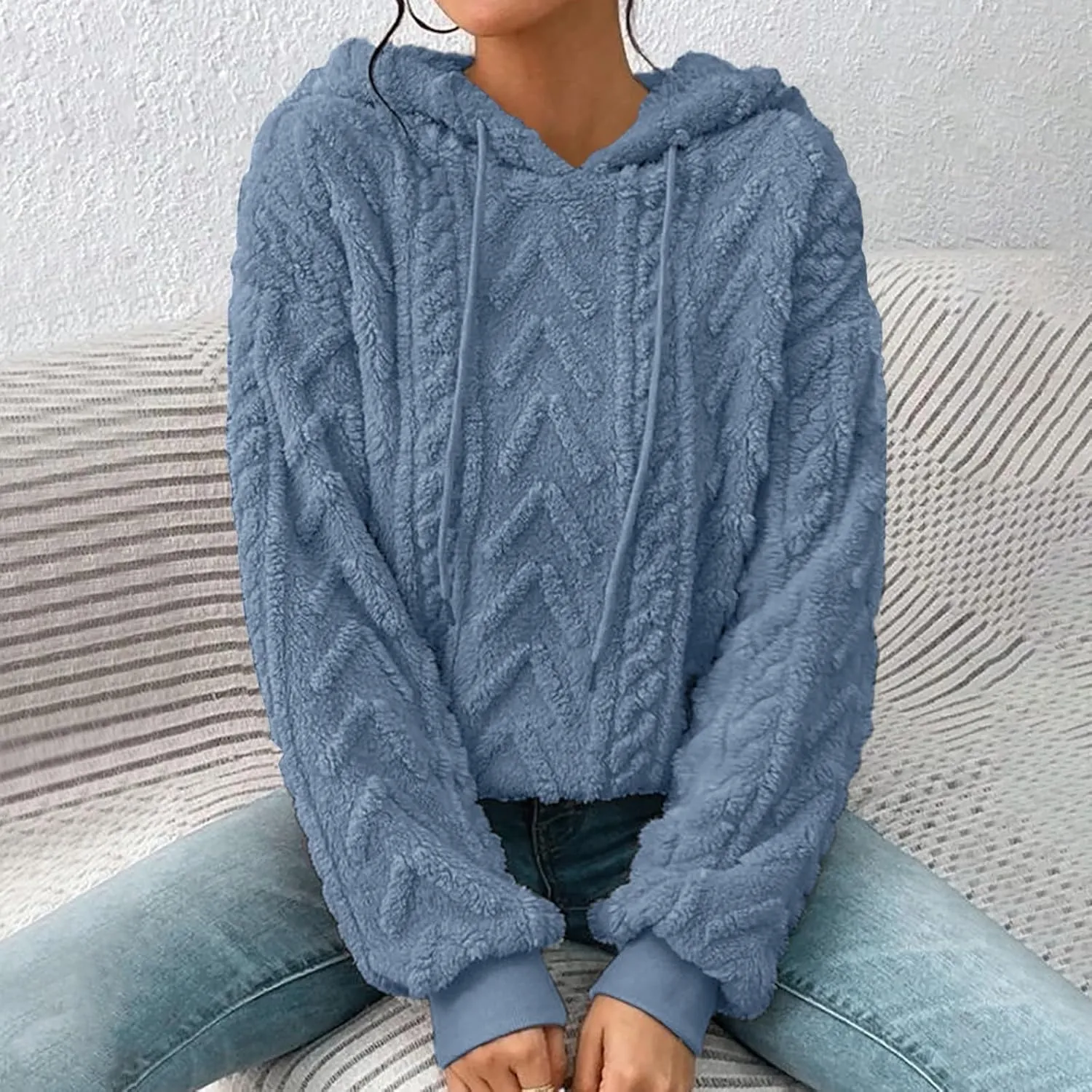 SHAOBGE Hoodies For Women Casual Pullover Waffle Long Sleeve Drawstring Hooded Sweatshirt with Pocket