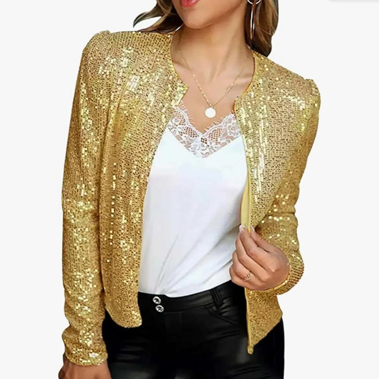 SHAOBGE Women's Fashion Color Matching Sequin Short Casual Women's Coat Womens Light Sweaters
