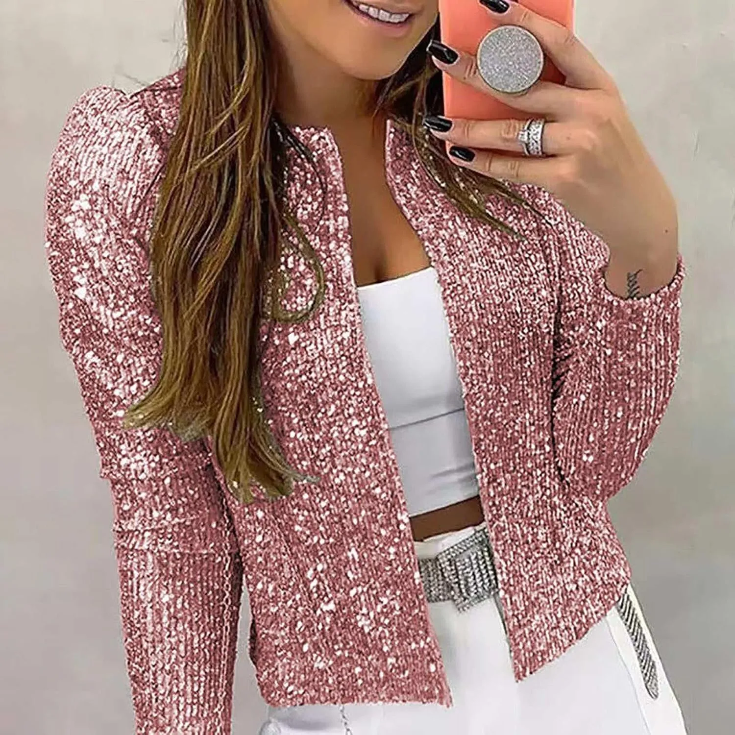 SHAOBGE Women's Fashion Color Matching Sequin Short Casual Women's Coat Womens Light Sweaters