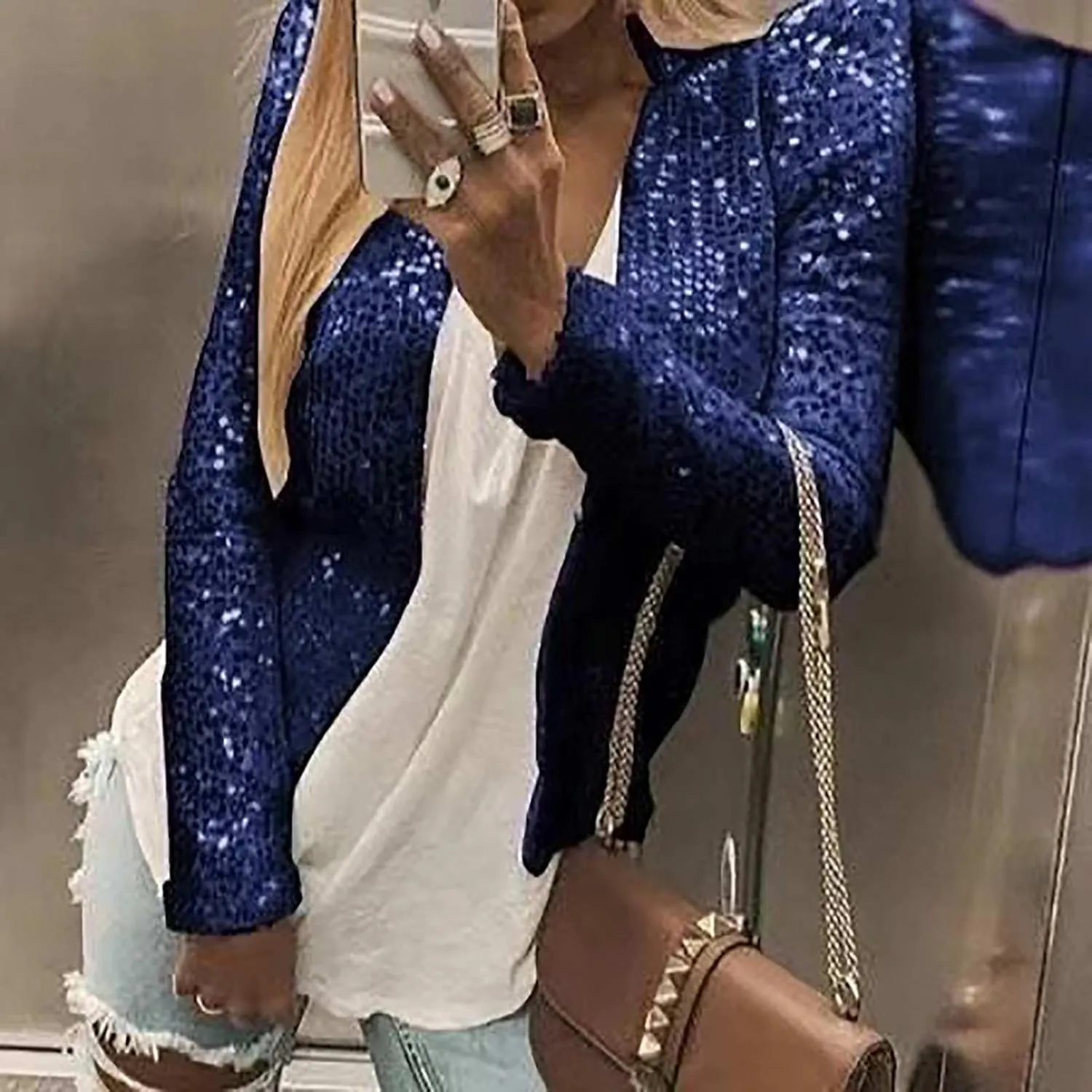 SHAOBGE Women's Fashion Color Matching Sequin Short Casual Women's Coat Womens Light Sweaters