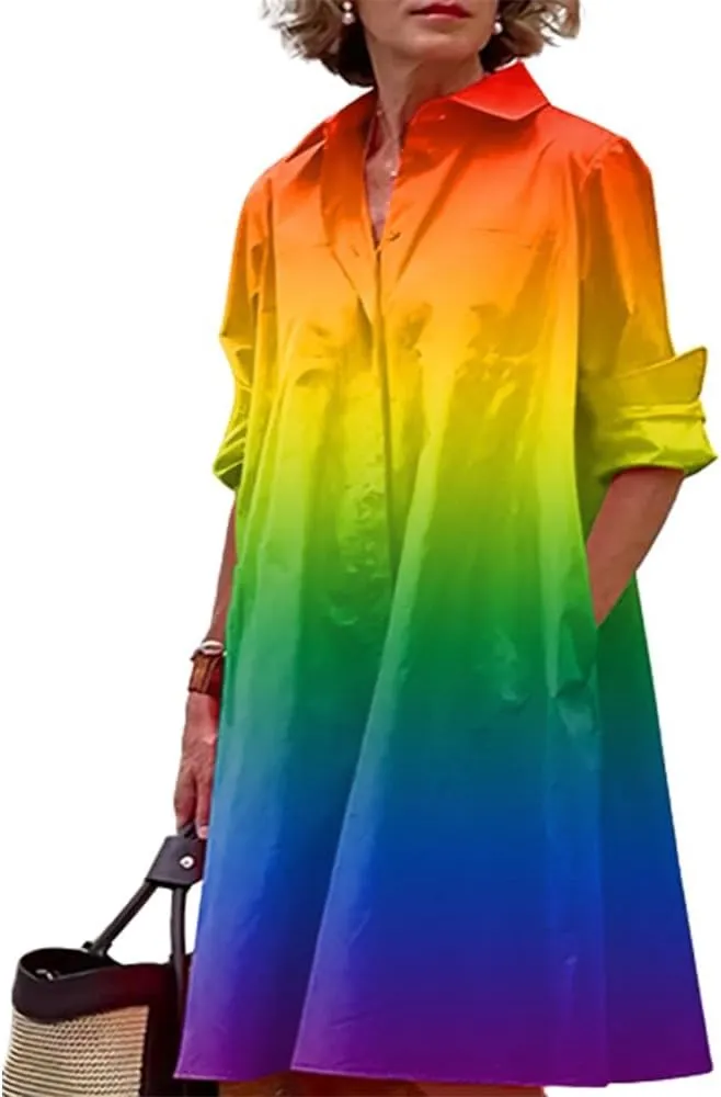 Shirt Dress for Women Casual Print Linen T Shirt Dress Summer V Neck Loose Long Sleeve Button Maxi Collared Dress