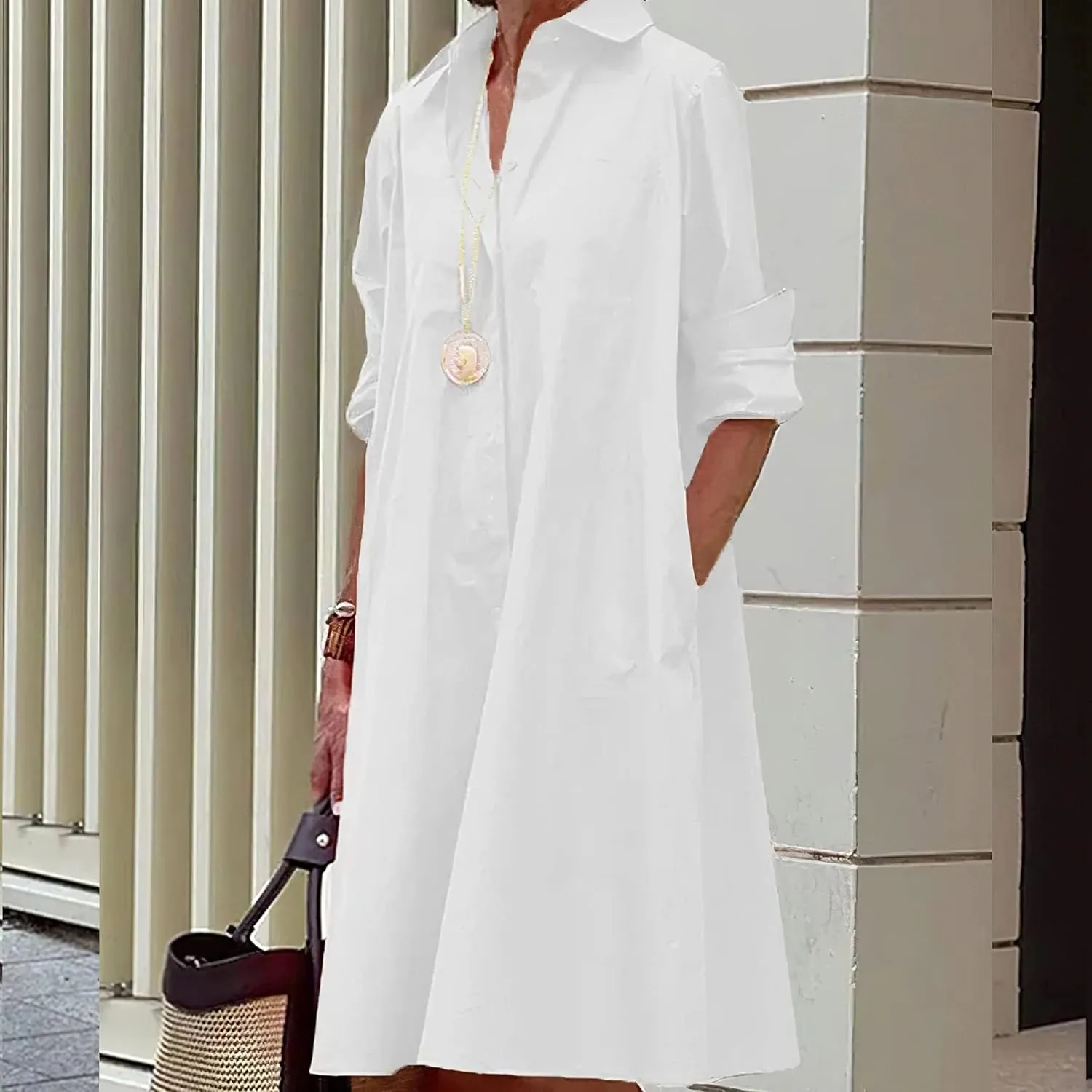 Shirt Dress for Women Casual Print Linen T Shirt Dress Summer V Neck Loose Long Sleeve Button Maxi Collared Dress