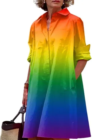 Shirt Dress for Women Casual Print Linen T Shirt Dress Summer V Neck Loose Long Sleeve Button Maxi Collared Dress