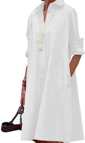 Shirt Dress for Women Casual Print Linen T Shirt Dress Summer V Neck Loose Long Sleeve Button Maxi Collared Dress