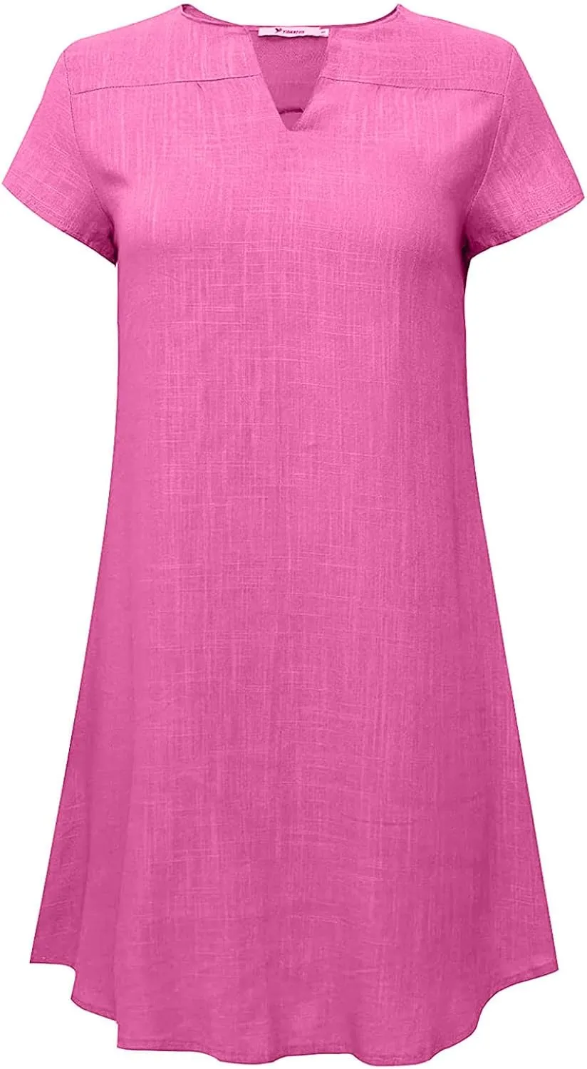 Shirt Dresses for Women Cap Sleeved Vintage Cotton Linen Long Dress Loose Fit Crewneck Casual Summer Dress Pockets