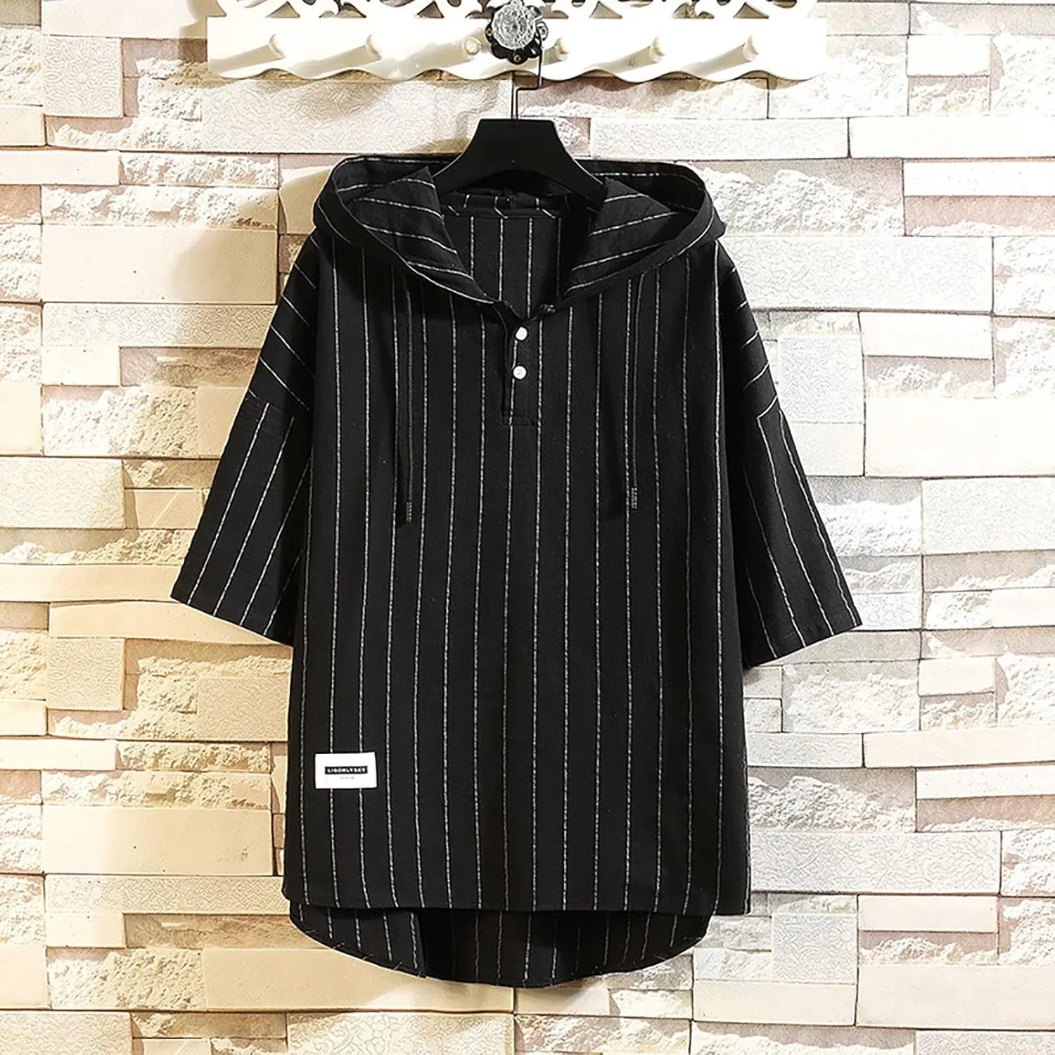 Short Sleeve Hoodies for Men Button Down Collar Striped Shirts Hooded Summer Hawaiian Beach Pullover Tops Casual Tees