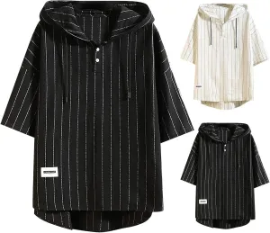 Short Sleeve Hoodies for Men Button Down Collar Striped Shirts Hooded Summer Hawaiian Beach Pullover Tops Casual Tees