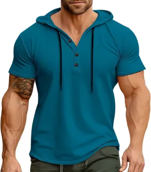 Short Sleeve Hoodies for Men Summer Button Down Tshirts Shirts Hooded Henley V Neck Pullover Tops 2025 Casual Tees