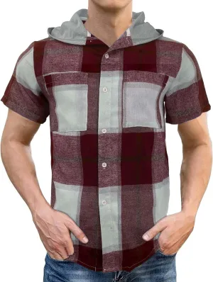 Short Sleeve Hoodies for Men Summer Plaid Button Down Tshirts Shirts Hooded with Pockets Pullover Tops Casual Tees