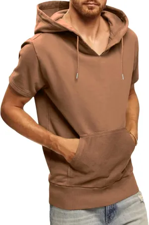 Short Sleeve Hoodies for Men Summer V Neck Hooded Shirts Lightweight Pullover Tops with Pocket Drawstring Casual Tees