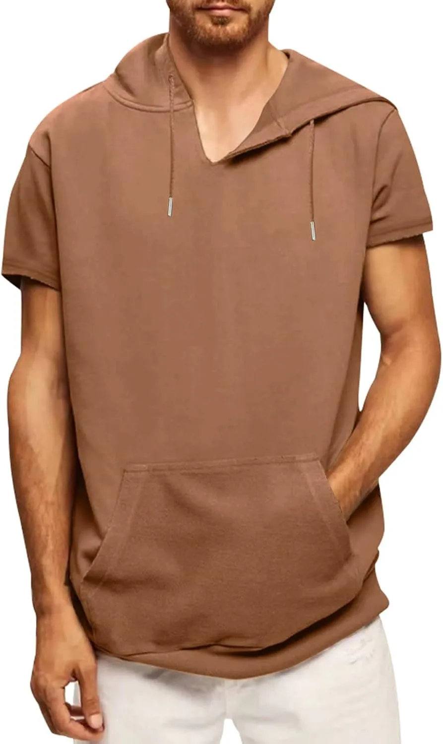 Short Sleeve Hoodies for Men Summer V Neck Hooded Shirts Lightweight Pullover Tops with Pocket Drawstring Casual Tees