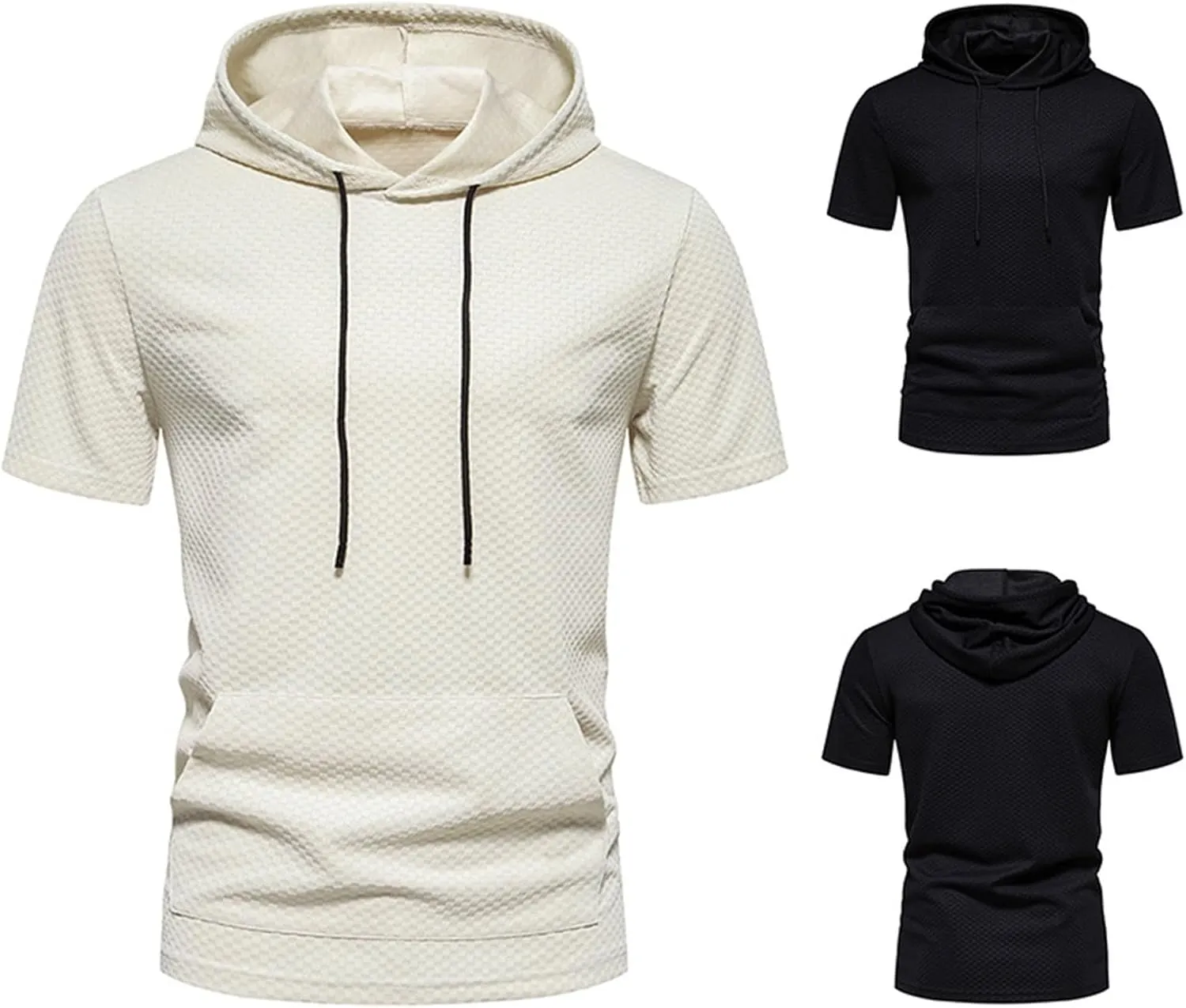 Short Sleeve Hoodies for Men Summer Waffle Tshirts Shirts Hooded with Pocket Gym Workout Pullover Tops Casual Tees
