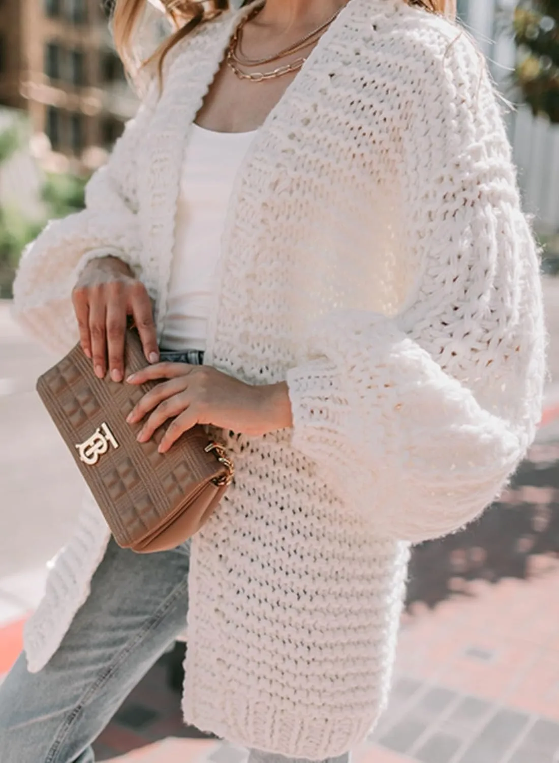 Sidefeel Cardigan for Women Trendy 2024 Open Front Sweater Oversized Lantern Sleeve Chunky Knitted Outwear