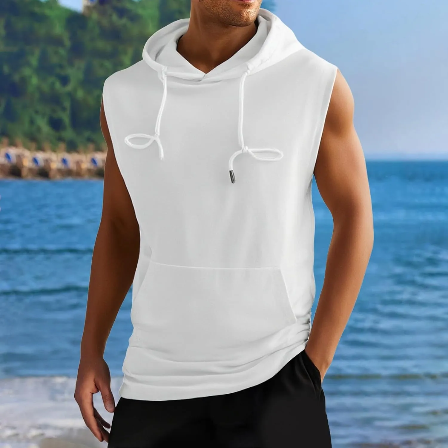 Sleeveless Hoodies for Men Summer Workout Tank Tops Hooded Solid Color Pullover Shirts Muscle Tshirt 2025 Casual Tees