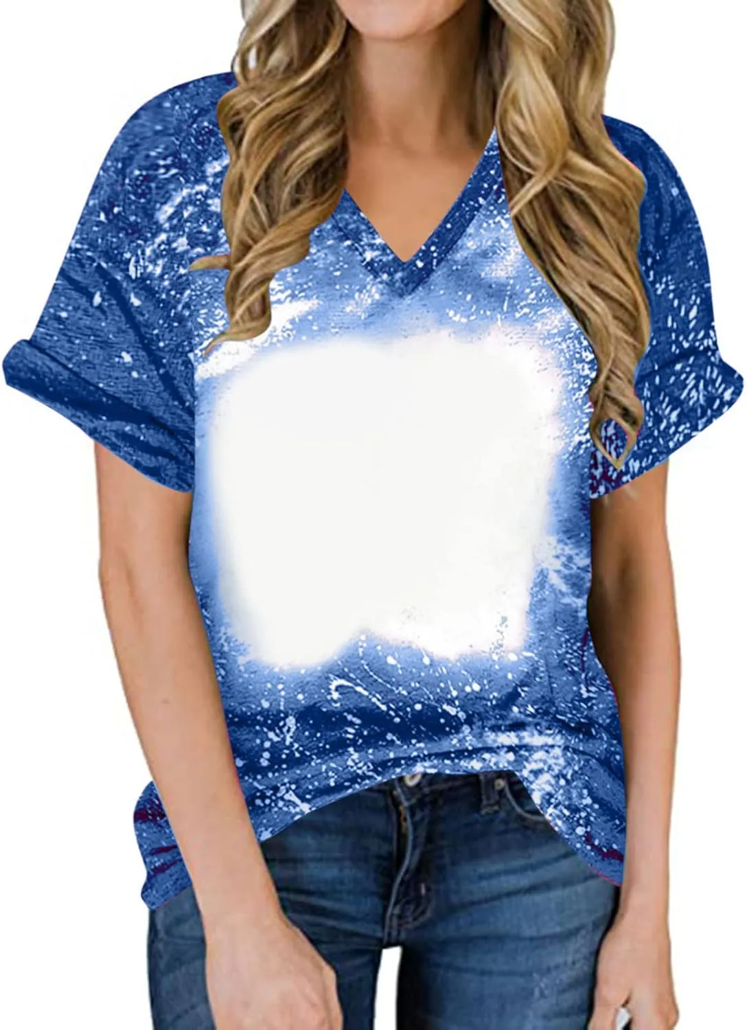 SMIDOW Sublimation Blanks Bleached T-Shirt for Women Summer Casual Loose Fit Short Sleeve v Neck Basic Tops Shirts