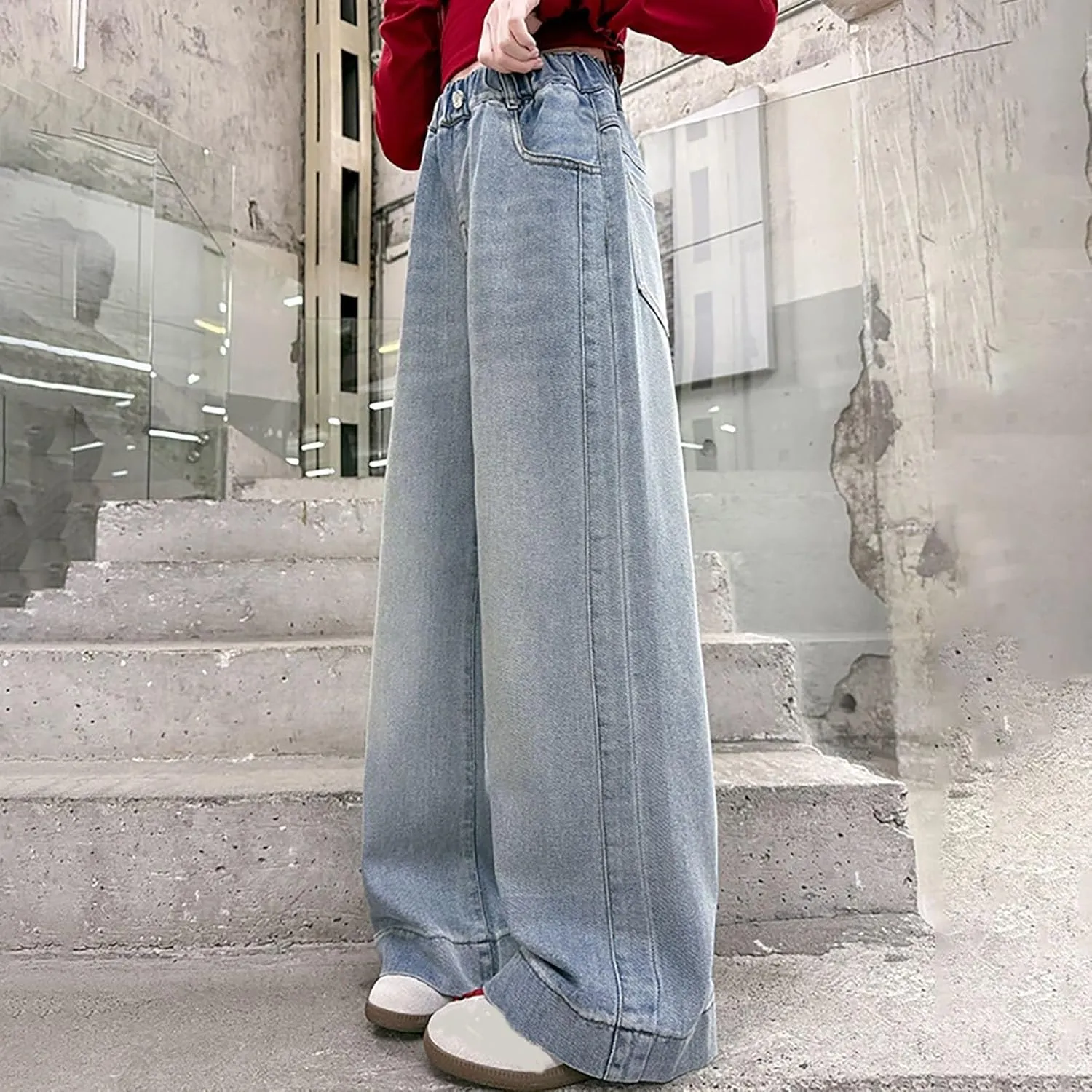 Spring Baggy Jeans for Teen Girls Fashion Elastic High Waisted Denim Pants Y2K Trendy Loose Straight Wide Leg Trouser